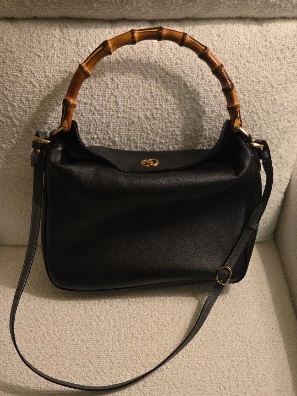 Black Leather Shoulder Bag with Bamboo Top Handle